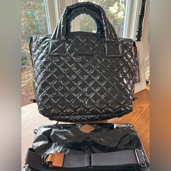 MZ Wallace Sutton Metallic Grey Tote with Crossbody Strap and Matching Pouch EUC - Picture 4 of 16